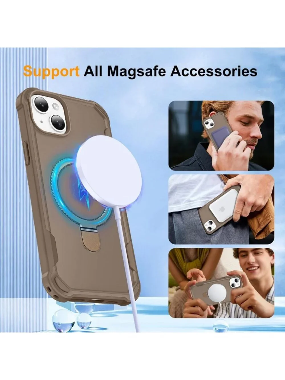 Slim Khaki iPhone 13 & 14 Case with Magnetic Kickstand, 10FT Drop Protection
